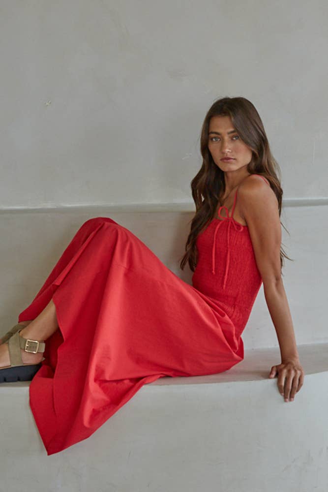 Ruby Red L9602 | Woven Cotton Sleeveless Smocked Midi Dress for wholesale on Faire3