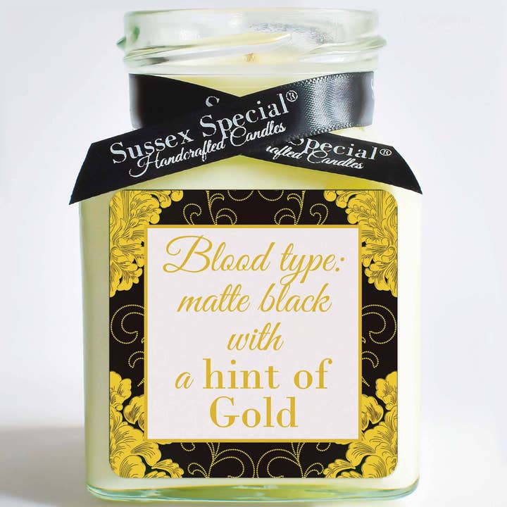 "Blood type: matte black with a hint of Gold" Soy Candle for wholesale by Sussex Special