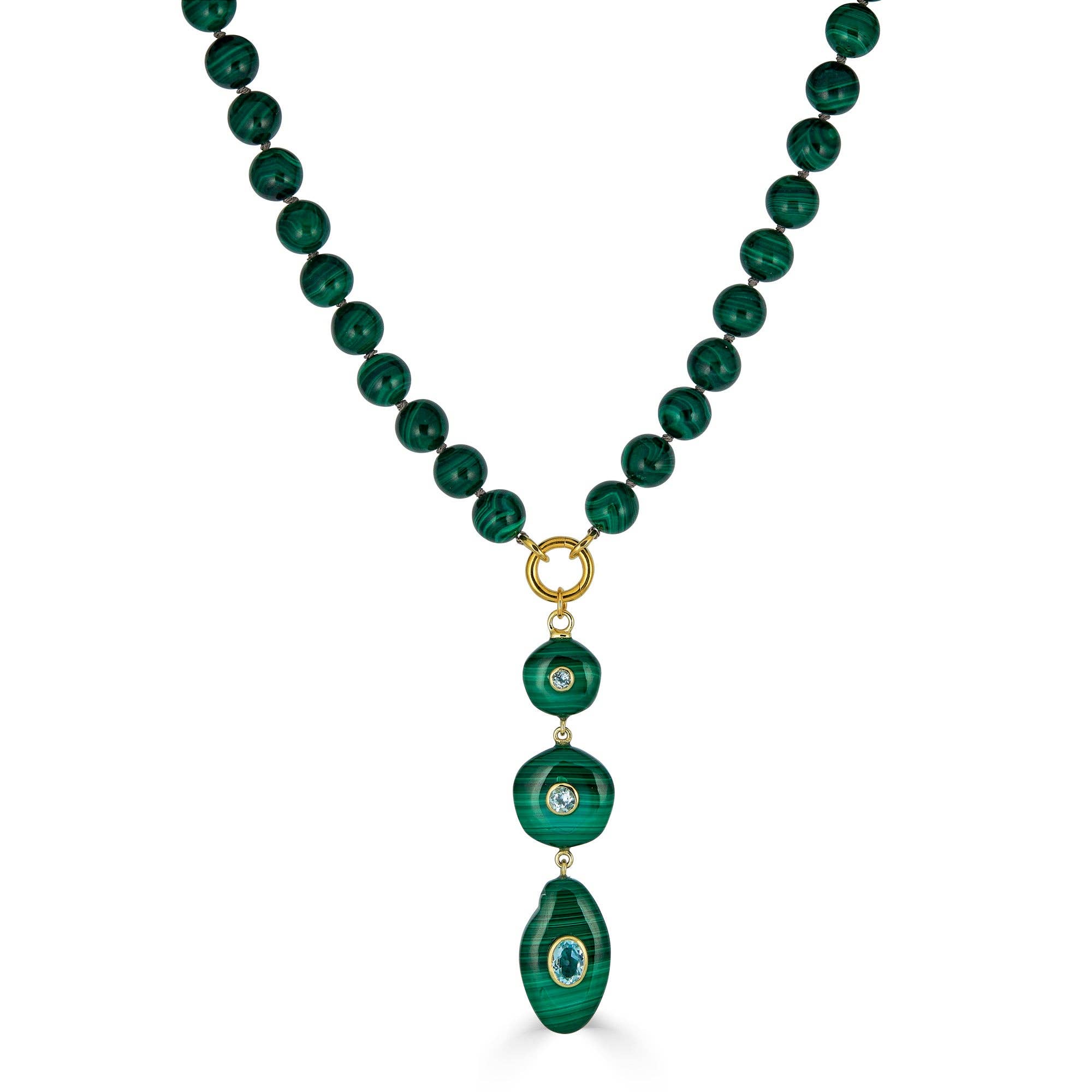 Rachel Reinhardt - Vente Colliers à pendentif - Collier en soie nouée en malachite avec pendentif triple goutte2