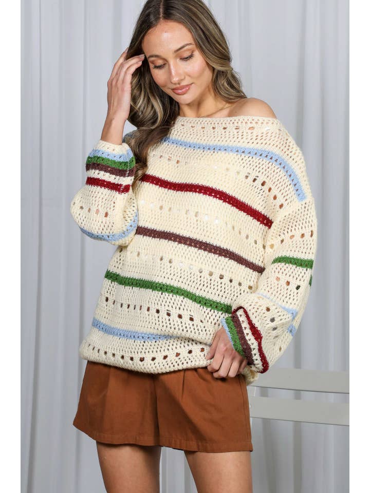 Multi Top de suéter de punto de crochet a rayas multicolor VT81238A- de venta al por mayor en Faire18