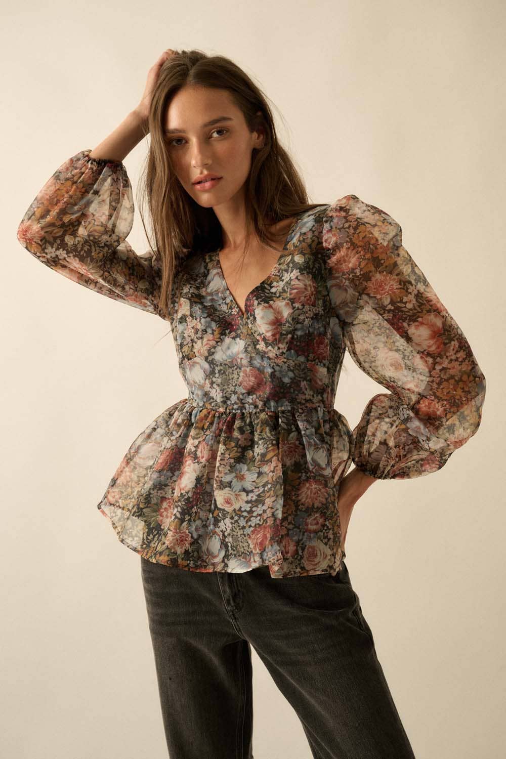 BLACK Floral-Print Organza Puff-Sleeve Peplum Top for wholesale on Faire10