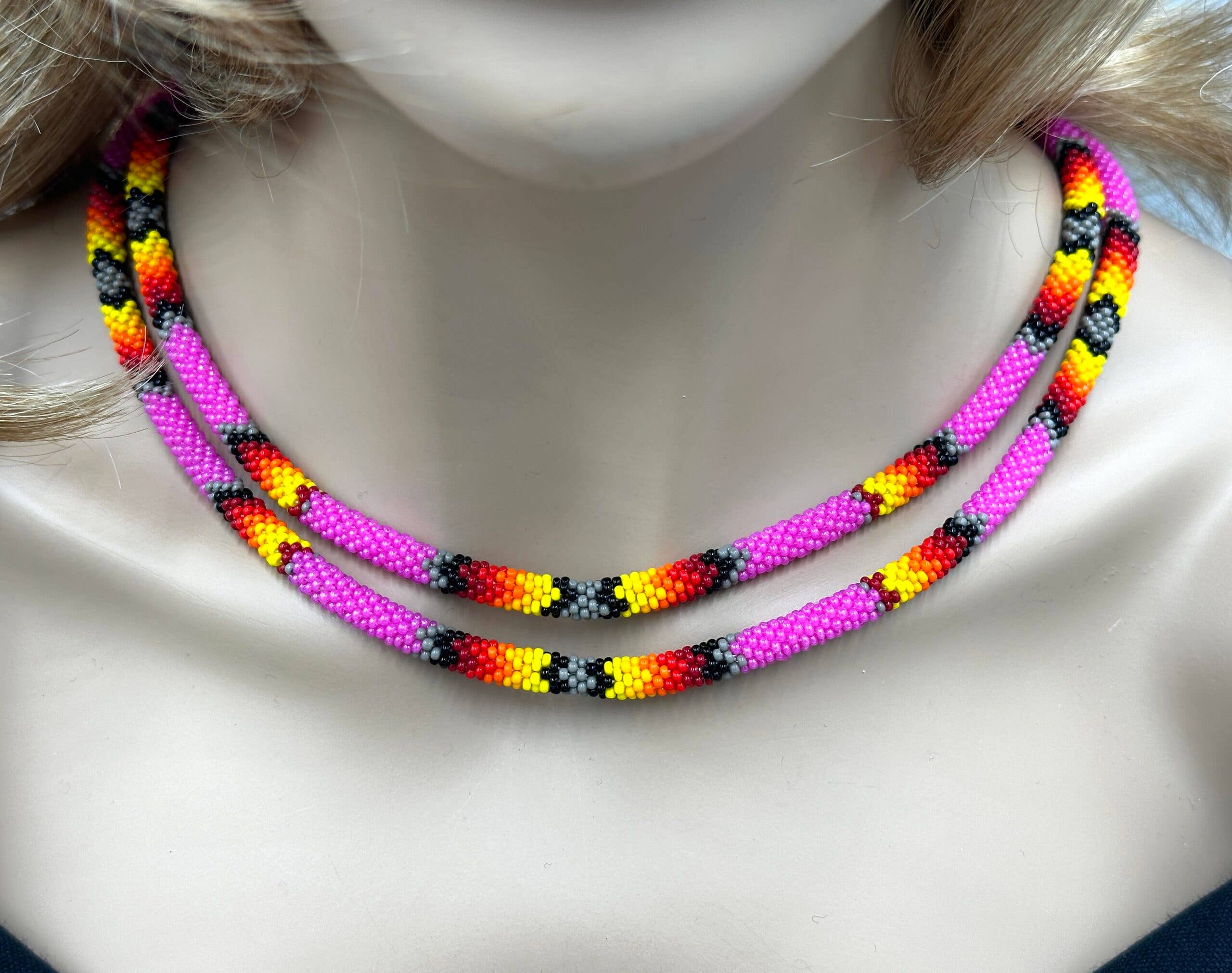 BEADS CORNER - Wholesale Woven Necklace - Handmade Beaded Deep Pink Rope double layered necklace1