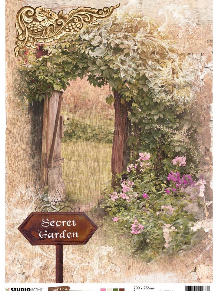 Just Lou rispapir med sommerfugle og haveport, 210x297 mm nr. 20 for engroshandel hos Ecstasy Crafts Distributing