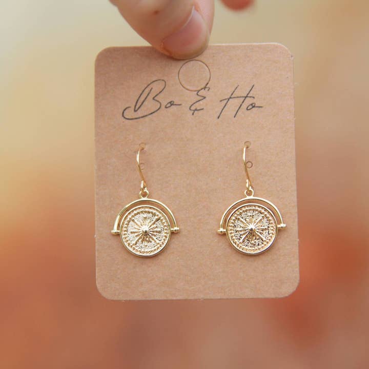 Gold Round Sundial Coin Earrings for wholesale by Bo and Ho