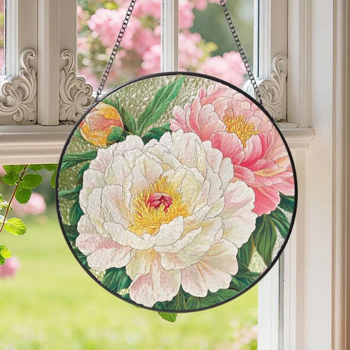 Attrape-soleil en vitrail de pivoine, suspension de fenêtre d'art botanique pour la vente par Glaizyo
