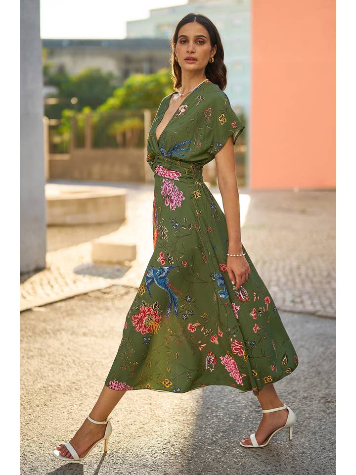 Yumi Green Bird and Floral Print Ruched Waist Kimono Midi Dress for wholesale on Faire