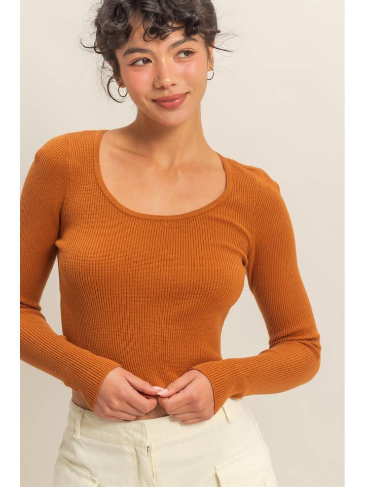 Scoop Neck Long Sleeve Fitted Knit Top for wholesale by HYFVE