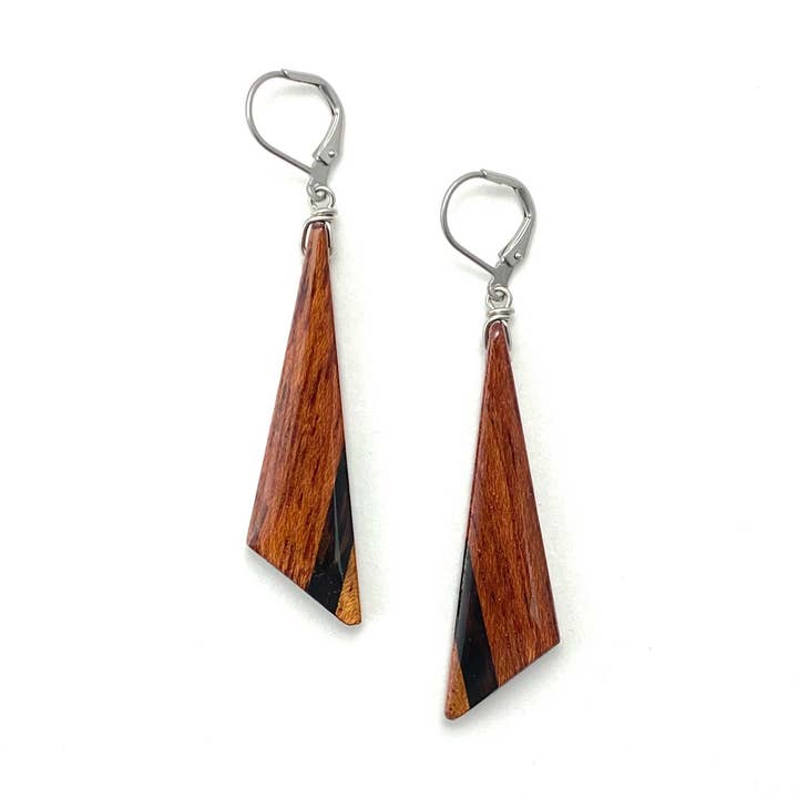 Obtuse Triangle Reclaimed Wood Earrings for wholesale by Melinda Wolff