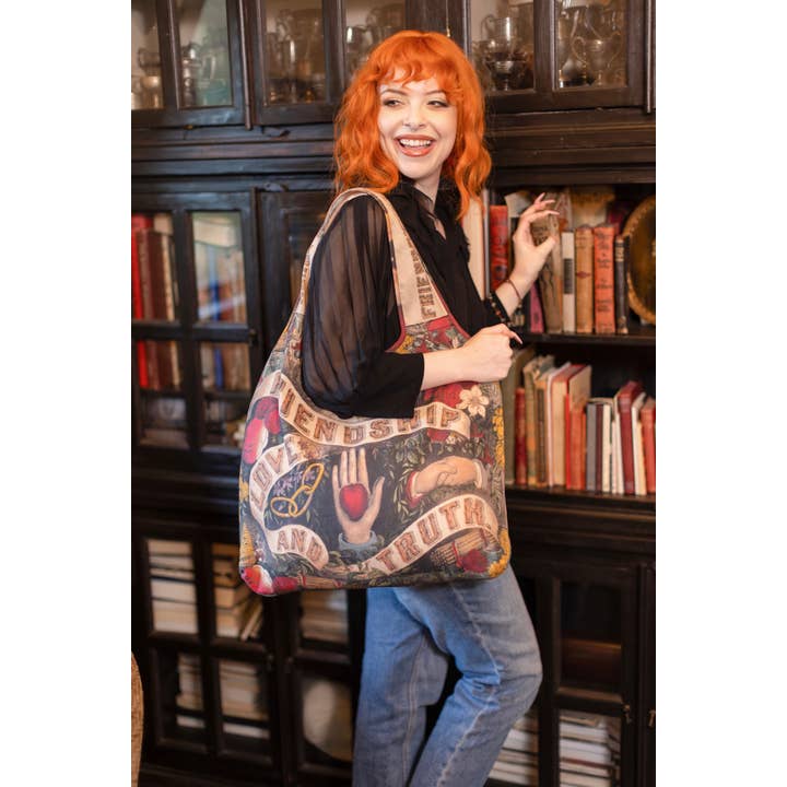 Market of Stars - Wholesale Tote Bag - Women's - Friendship Love & Truth Linen Tote Bag w Vintage Heart Print