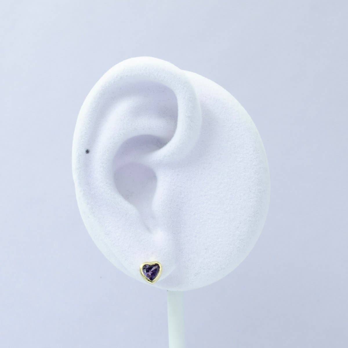 Purple 1x Tiny Heart CZ Plain Bezel Set Earrings, 14K gold earring, tiny studs, minimal earring, gold cz stud earring Q-431 for wholesale on Faire3