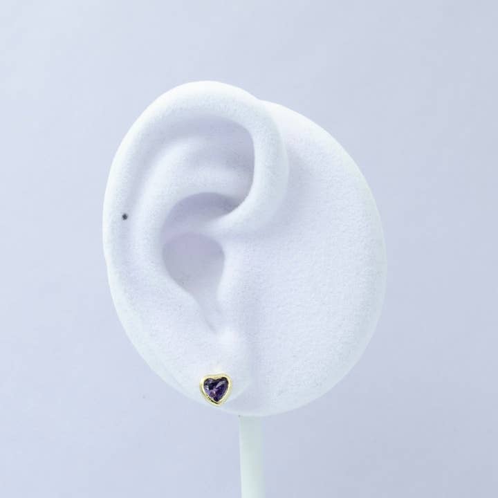 Purple 1x Tiny Heart CZ Plain Bezel Set Earrings, 14K gold earring, tiny studs, minimal earring, gold cz stud earring Q-431 for wholesale on Faire3