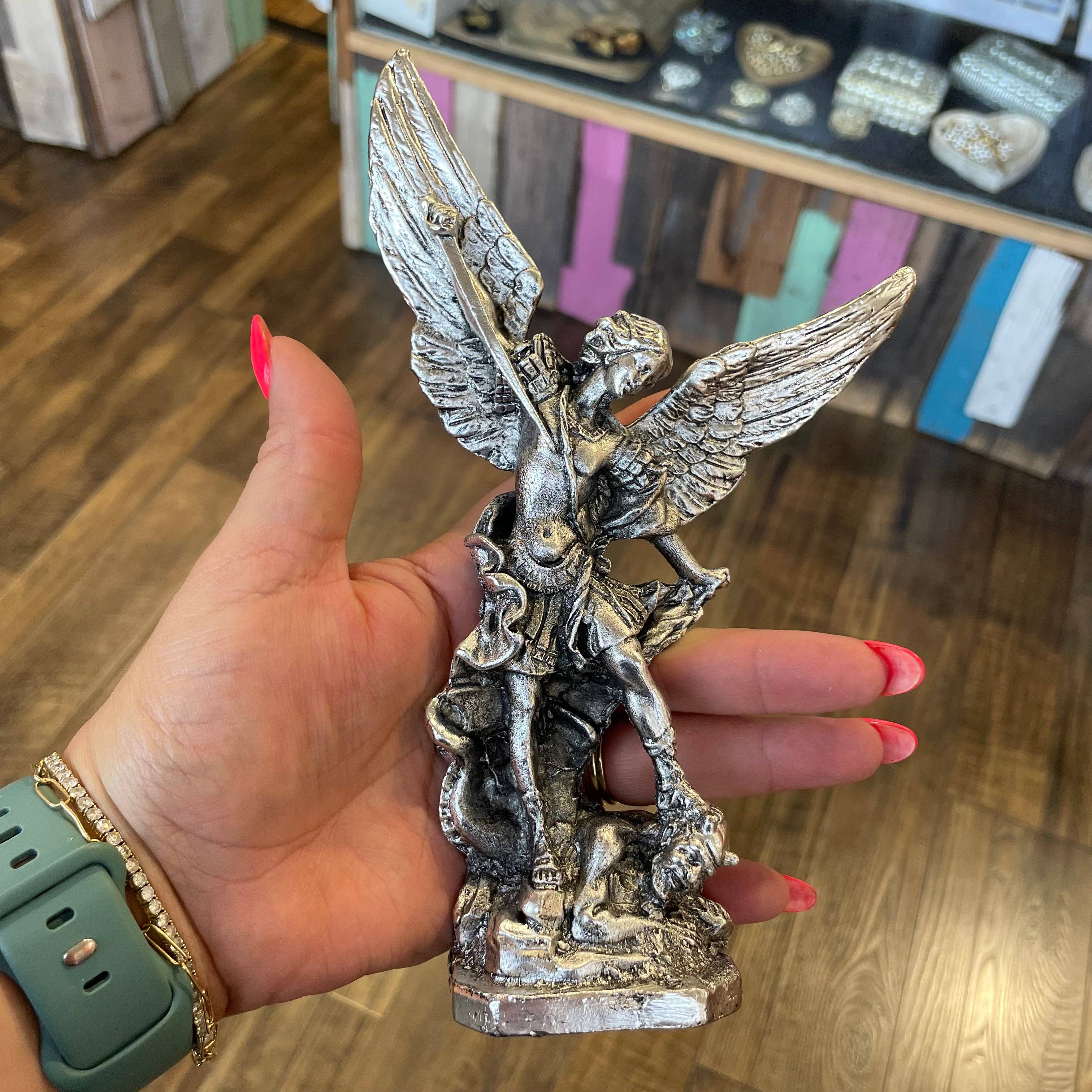Love and Honor Jesus LLC - Wholesale Decorative Figurine - Silver Metal St Michael Statue2