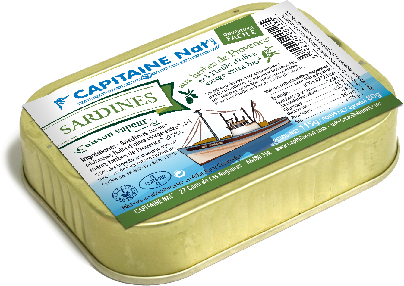 CAPITAINE NAT' - Wholesale Ingeblikte vis - Sardines bio* olijfolie en bio* Provençaalse kruiden 115g0