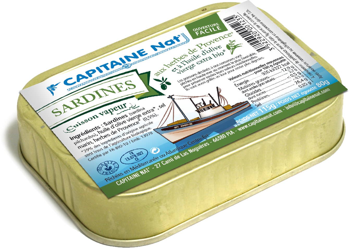 CAPITAINE NAT' - Wholesale Ingeblikte vis - Sardines bio* olijfolie en bio* Provençaalse kruiden 115g