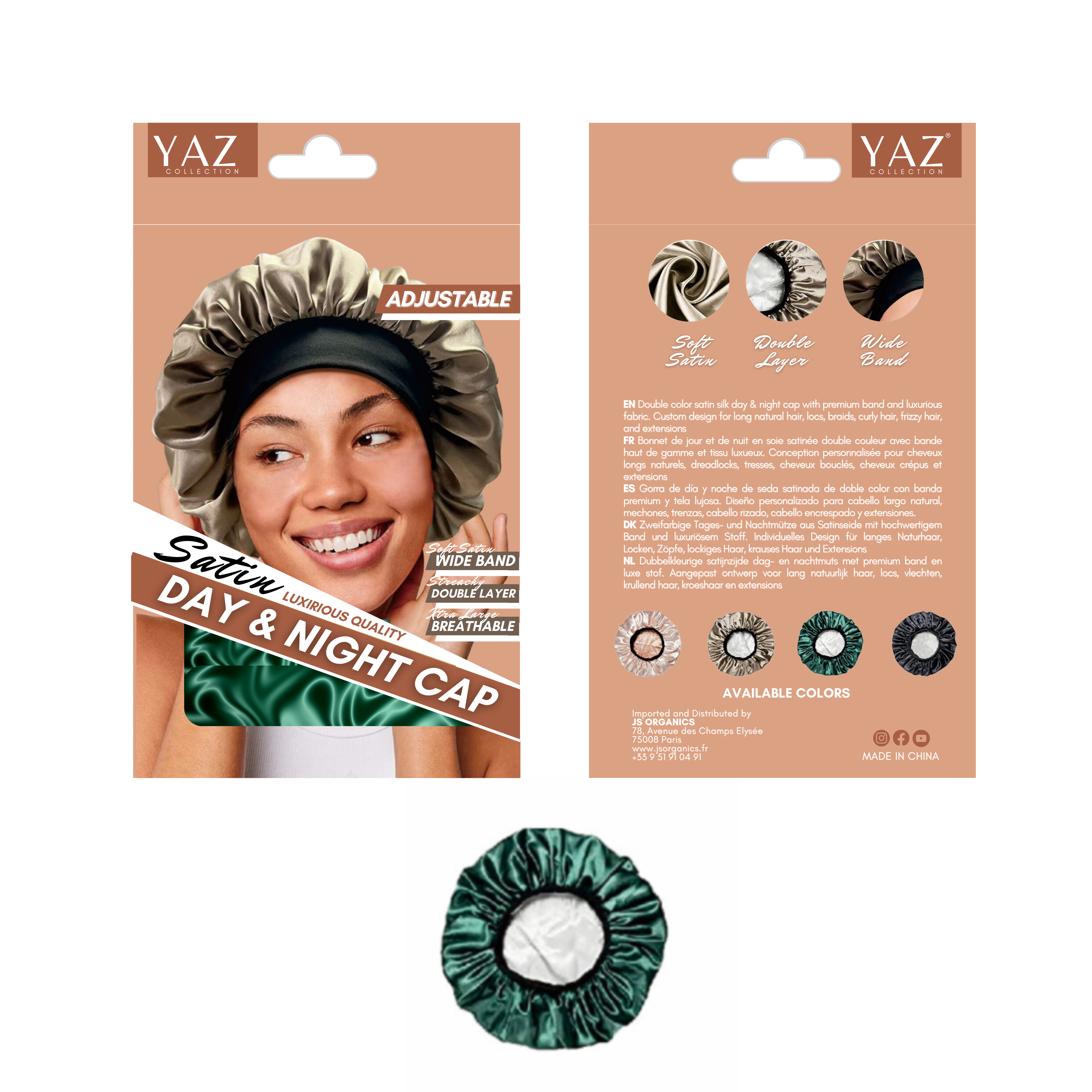 JS ORGANICS – wholesale Sleep cap / bonnet – women's – Yaz Collections - Emerald Satin Day & Night Cap JS05180