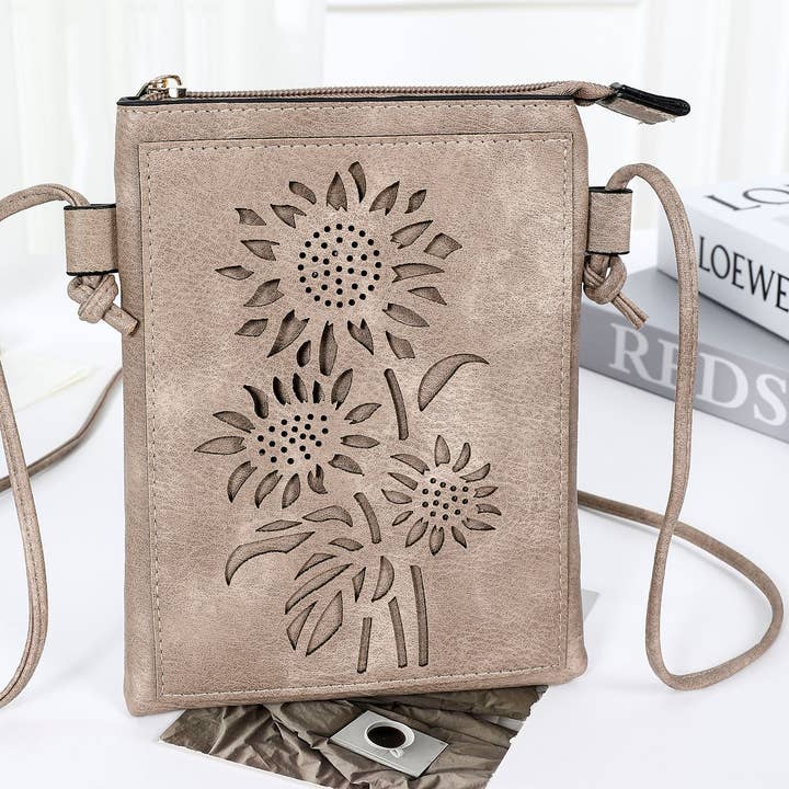 Sand - Sunflower laser cut crossbody cellphone bag for wholesale by Shine Mark Accessories
