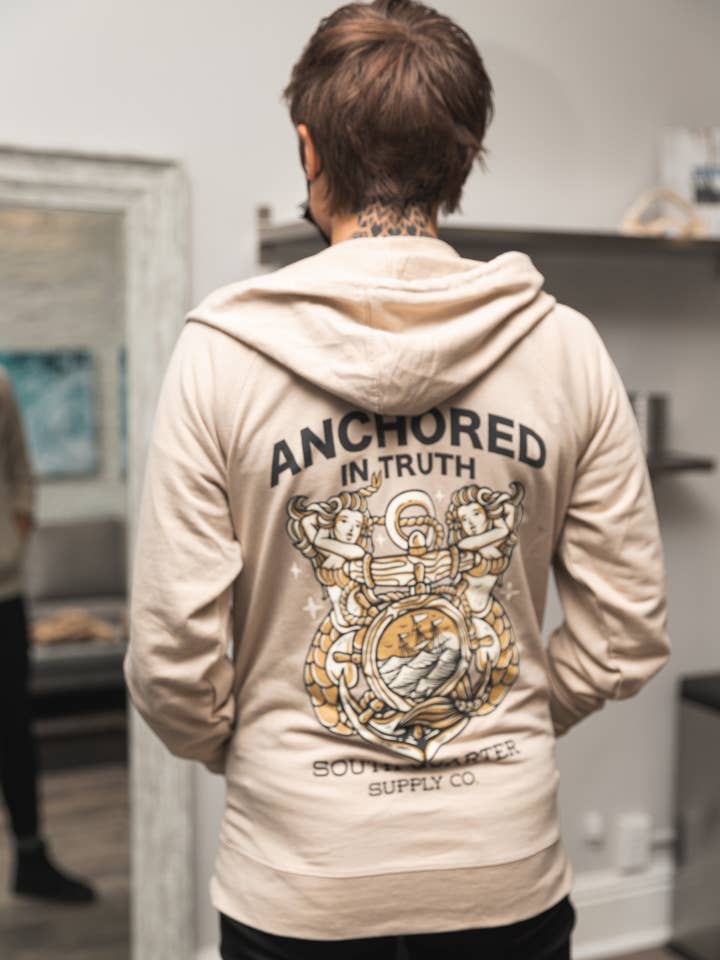 Anchored In Truth Lightweight Zip-up Hooded Sweatshirt por atacado de South Quarter