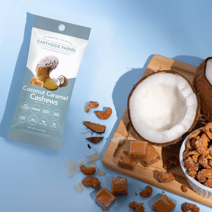 Earthside Farms – wholesale Nötter – Kokosnöt Karamell Cashewnötter Veganska Kanderade Nötter 1 oz Snackförpackning