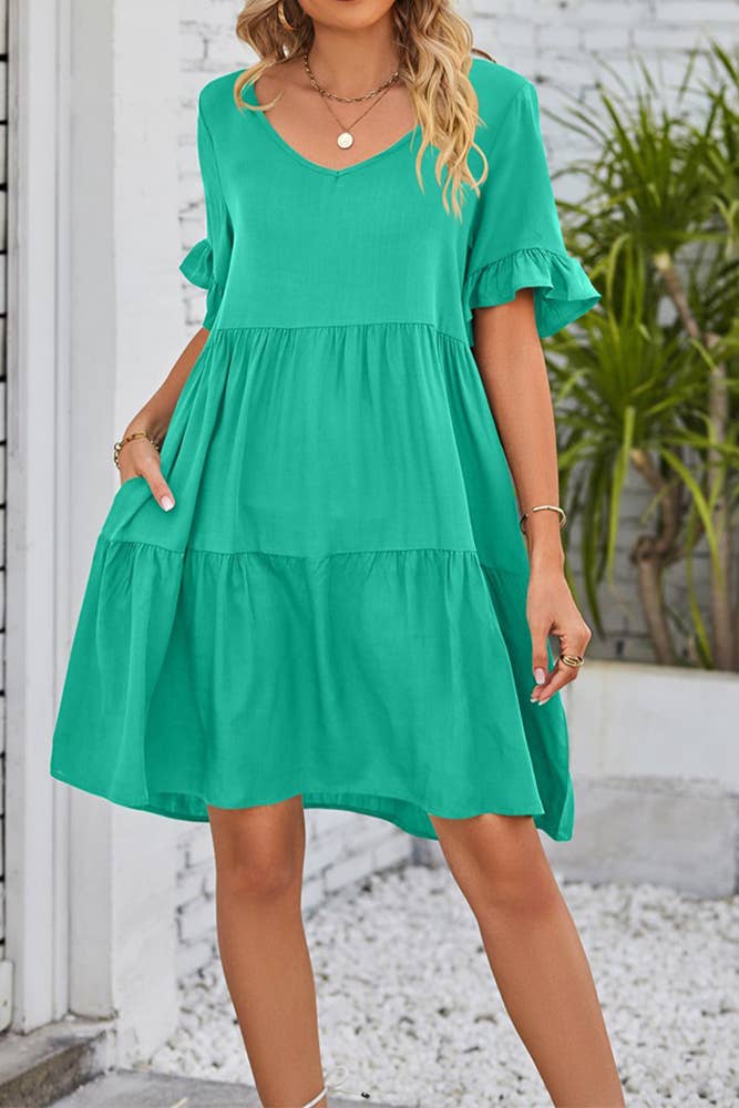 UNISHE - Vendita all'ingrosso Vestito - Donna - Abito A Balze Con Volant Con Scollo A V Semplice E Tasche MD03819