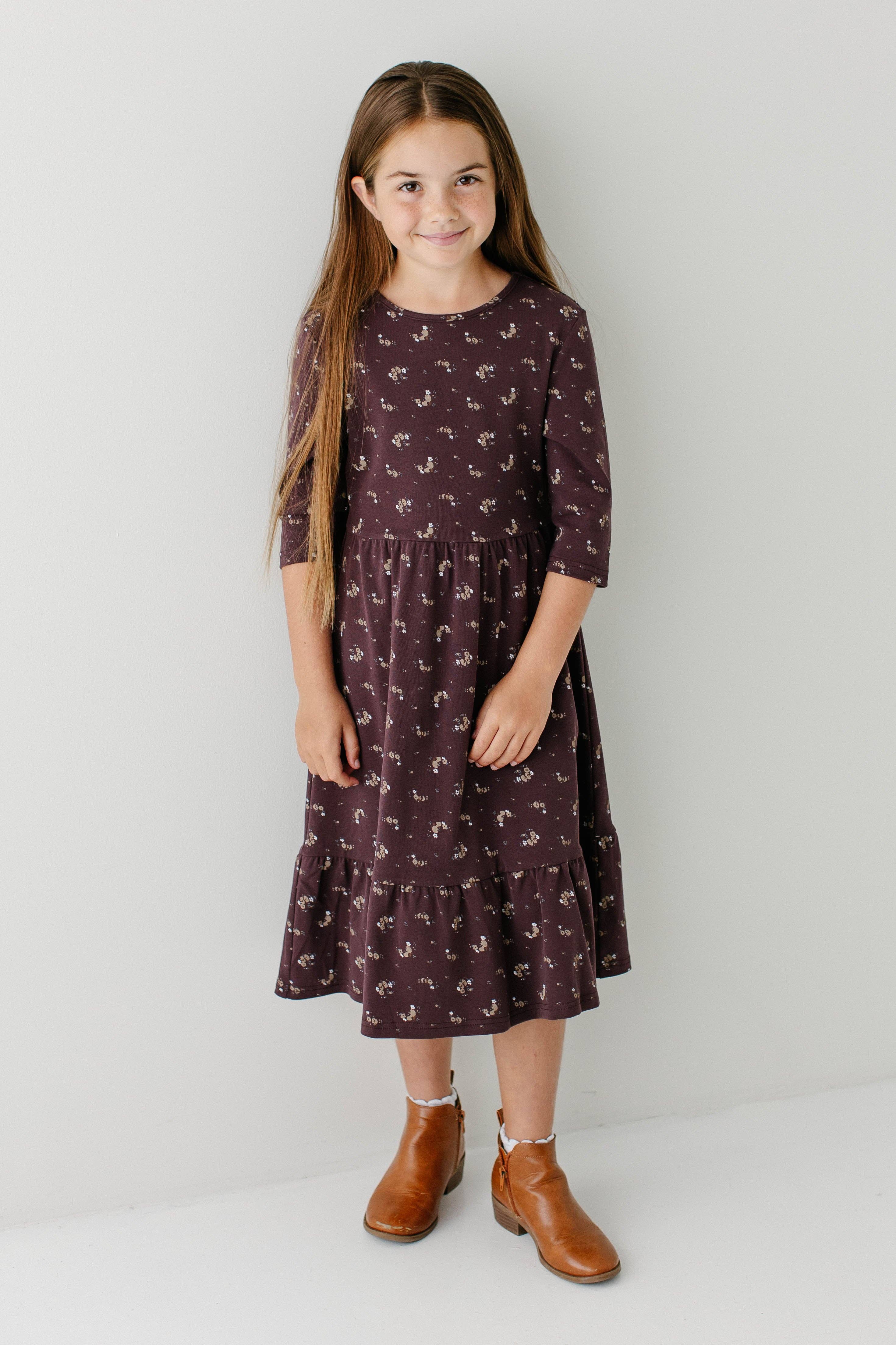 Violet poussiéreux Robe midi à étages à manches 3/4 'Shiloh' pour fille en vente sur Faire0