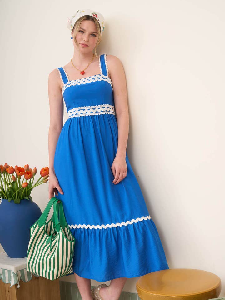 Blu Pepper - Wholesale Dress - Women's - SQUARE NECK WAVE SCALLOP TRIM MIDI DRESS