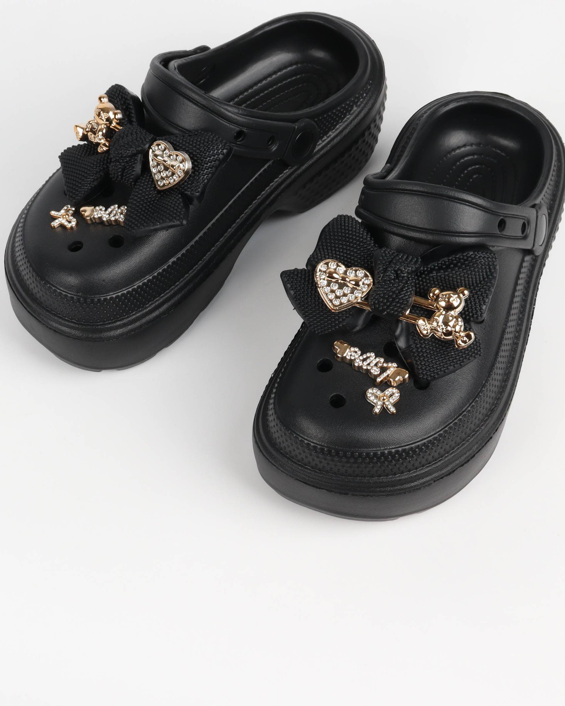 Black Women's Platform Clogs – Chunky Style with Bow and Rhinestones for wholesale on Faire6