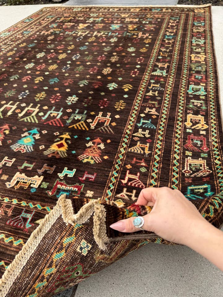 6x8 Handmade Afghan Wool Rug | Dark Brown Gabbeh Tribal Nomadic Design | Vintage Style Animals Folklore Area Rug for wholesale by The Rug Mine