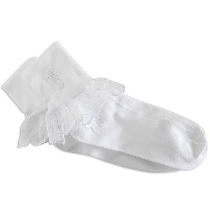 Cherished Moments - Wholesale Socks - Kids - White Girl's Lace First Communion Socks with Cross