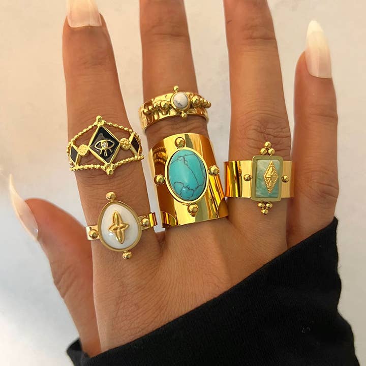 Kongelig Turkis Ring – 18K Guldbelagt Boho Statement for engroshandel hos Peachy Accessories LLC