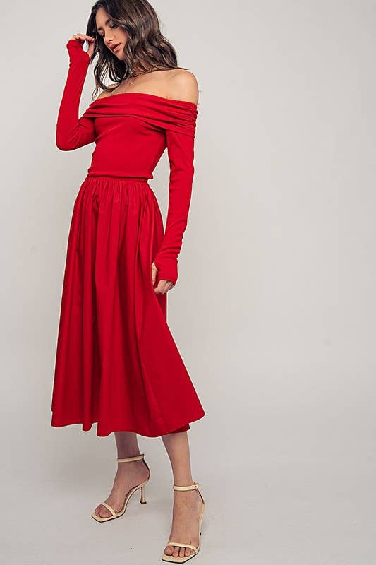 Urban Daizy - Wholesale Dress - Women's - Elegant Off Shoulder Ruched Long Sleeve Spring Midi Dress11