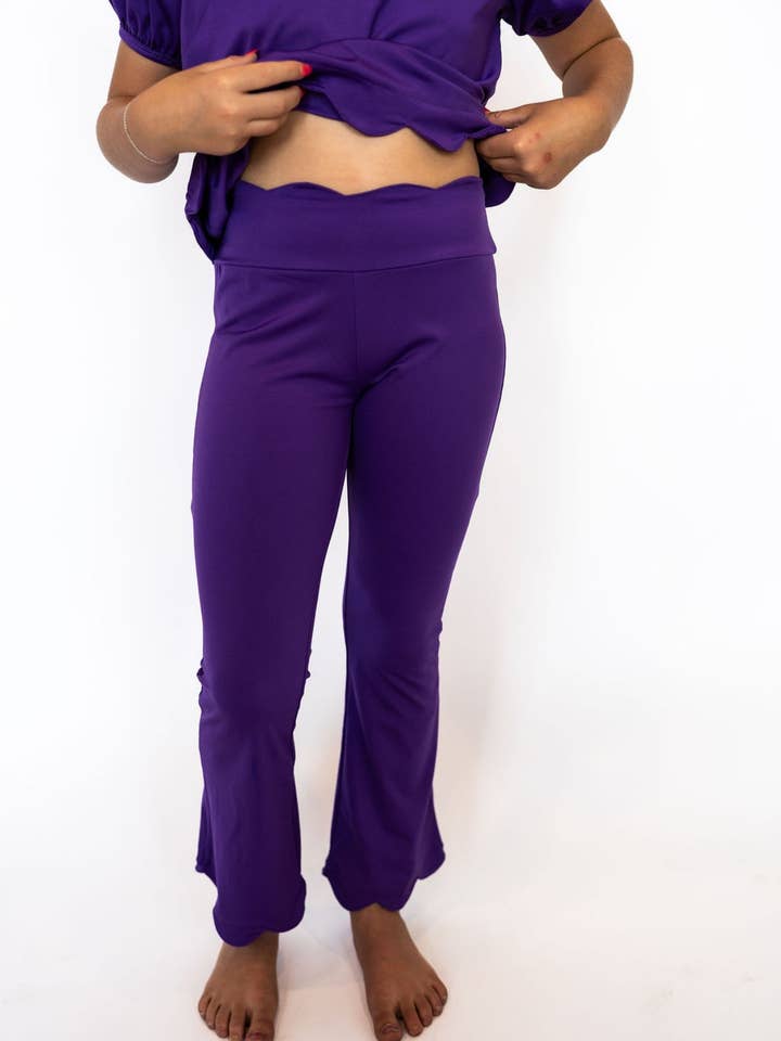 Girl's Scalloped Flare Leggings-Purple for wholesale by Teigan & Co