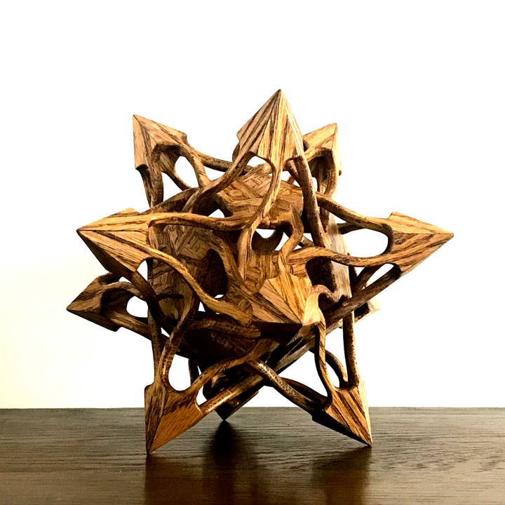 Stellated Dodecahedron Wooden Contemporary Sculpture, 9" for wholesale by Wooden Contraptions