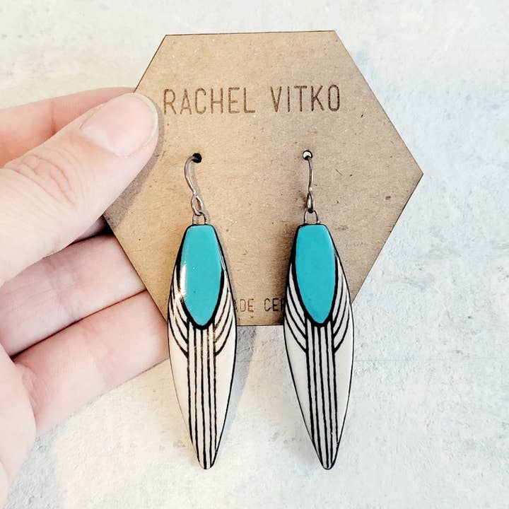Hand painted (ON BOTH SIDES) ceramic dangle earrings. for wholesale by Rachel Vitko Pottery