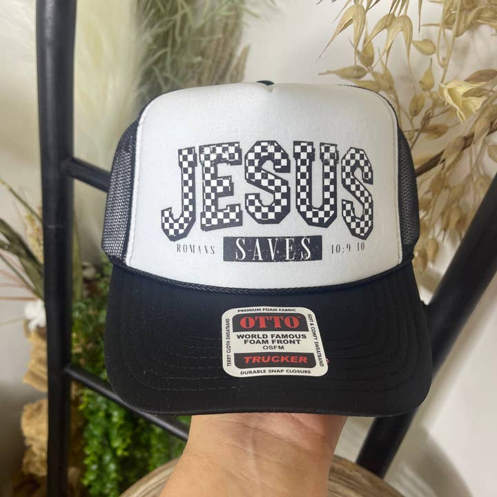 Black and White Jesus Checkered Trucker Hat for wholesale on Faire0