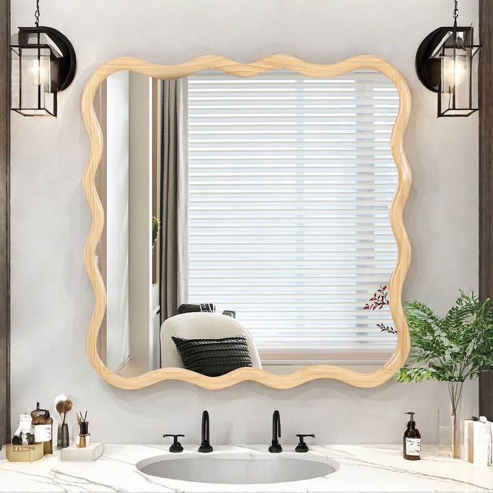 Orange County Decor - Wholesale Wall Mirror - Solid Wood Wavy Square Mirror Natural Wood 36" X 36" Modern Mirror Wall Decor For Bathroom, Bedroom, Living Room, Dining Room, Cloakroom, Entryway Natural Wood Glass Solid Wood