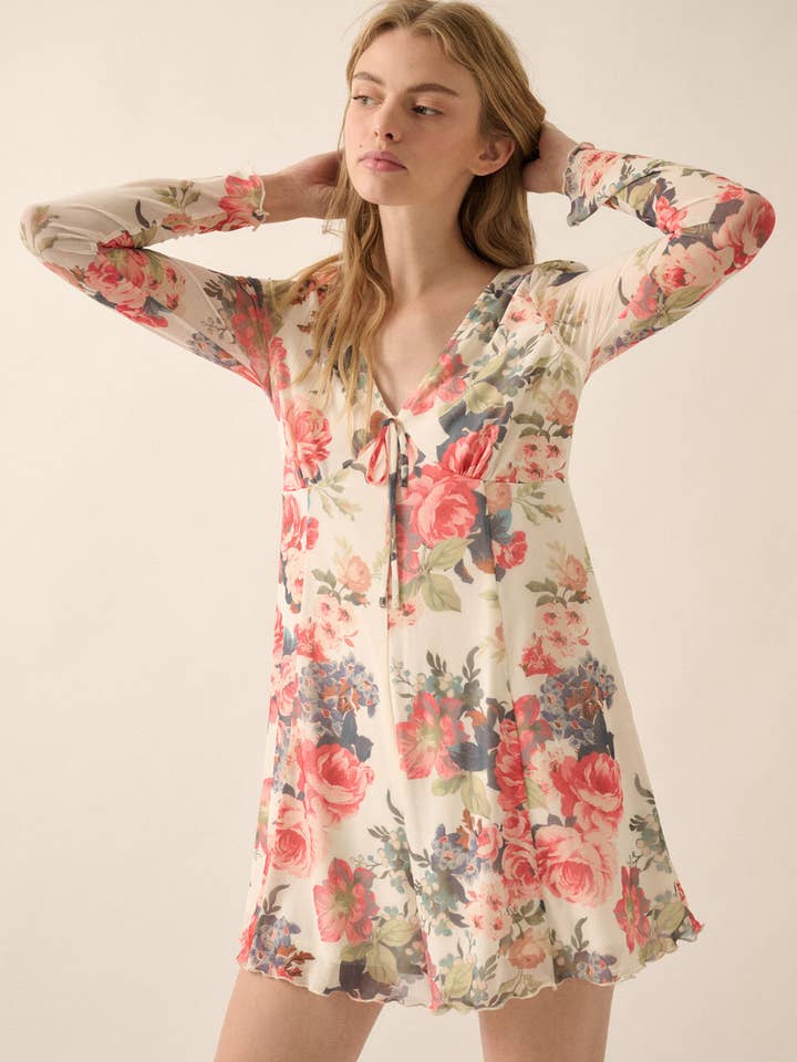 Multicolor Floral Mesh Long-Sleeve Wide-Leg Romper for wholesale by Promesa USA