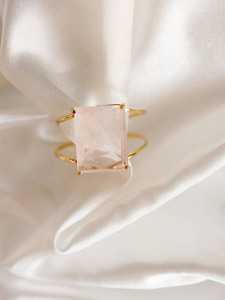 Genuine Rose Quartz Statement Cuff – Handcrafted with 18K Gold Plating for wholesale by Aqua Brasil LLC