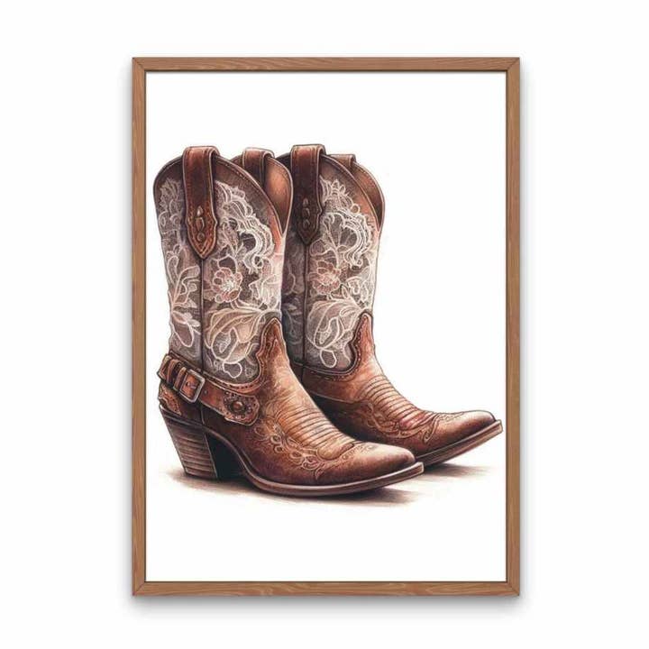 Lace Cowgirl Boot Art Print, Watercolor Western Home Decor for wholesale by Lady Kady Art