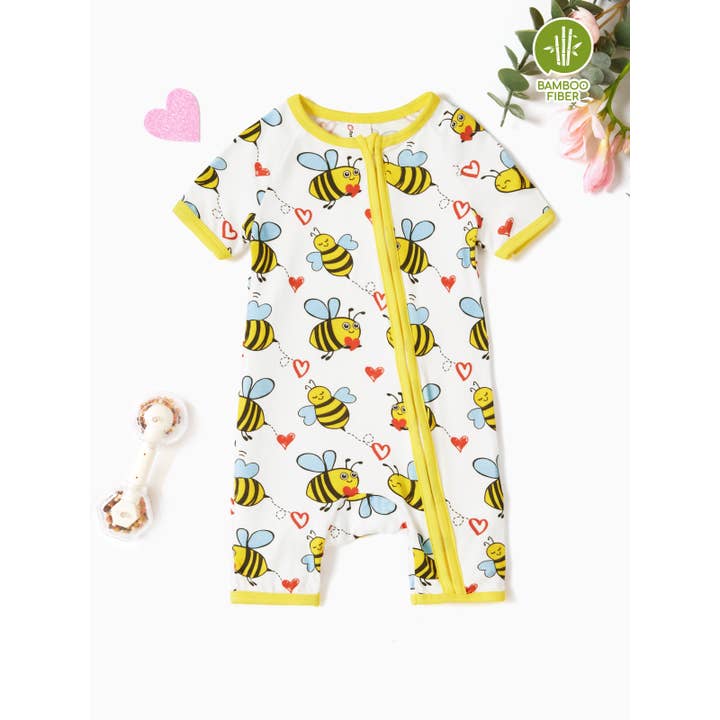 Cartoon Bee Print Bamboo Fiber Zipper Onesie for wholesale by PatPat