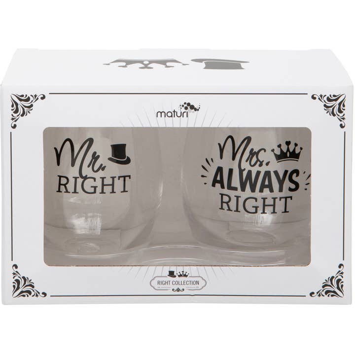 'Mr Right & Mrs Always Right' Pair of Stemless Wine Glasses for wholesale by Viceni