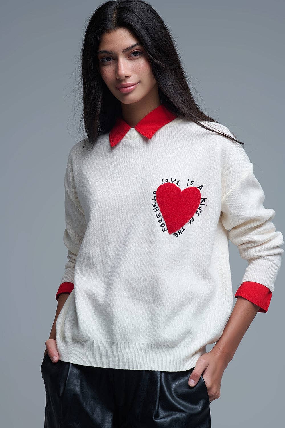 Embroidered Heart knitted Sweatshirt With Text in Cream for wholesale on Faire3