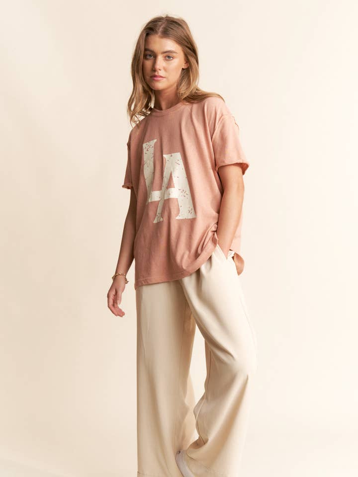dust blush LA Logo Print Casual Short Sleeve Top for wholesale on Faire