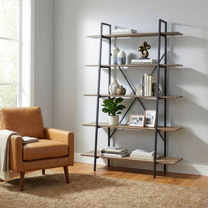 August 71.75" Light Brown Metal Ladder Bookcase Media Tower for wholesale by Glamour Home