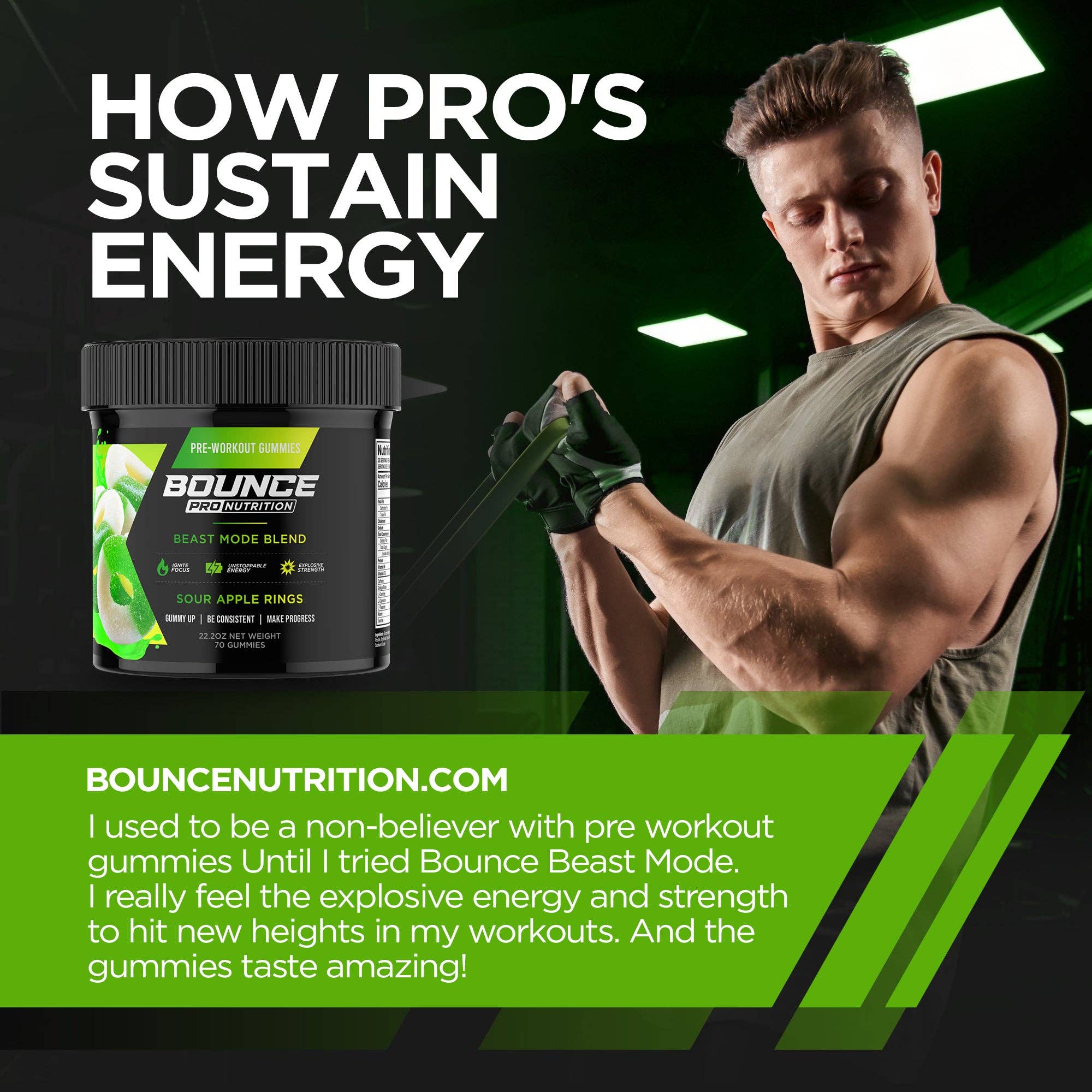 Bounce Nutrition – Großhandel Nahrungsergänzungsmittel/Vitamin zum Einnehmen – Gummies vor dem Training — Beast Mode — Sour Apple V25