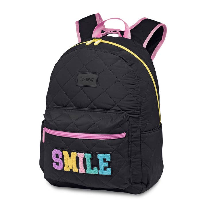 Black Puffer Backpack with Smile Patch for wholesale by Top Trenz Inc