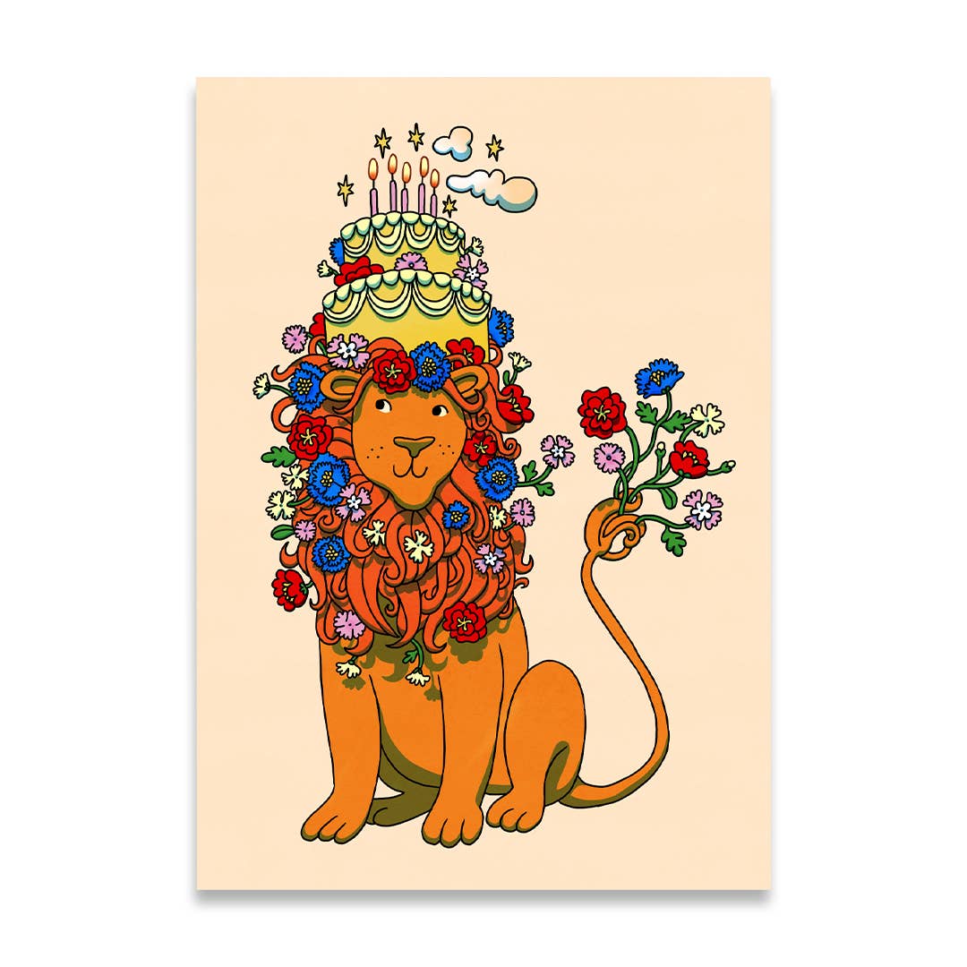 Lise Goossens illustration - Wholesale Birthday Card - Cute lion birthday card with flowers1