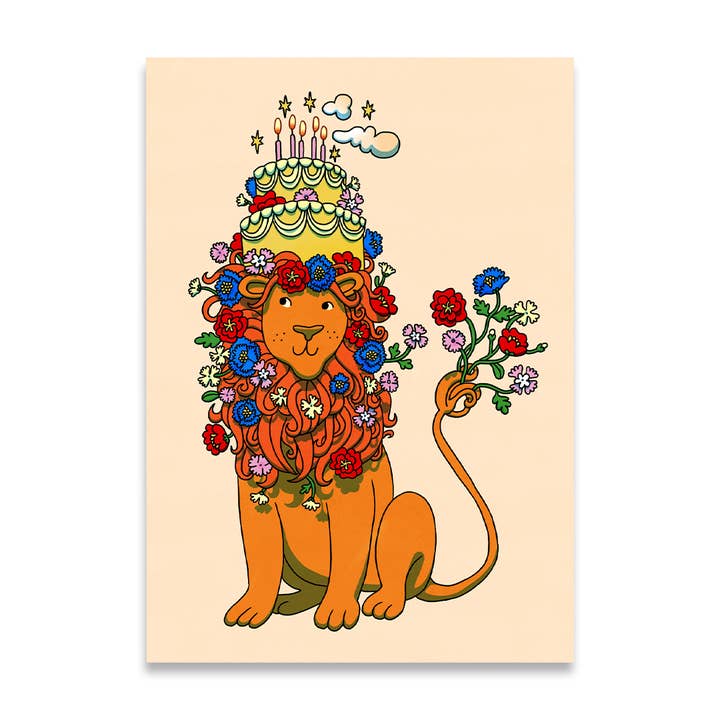 Lise Goossens illustration - Wholesale Birthday Card - Cute lion birthday card with flowers1