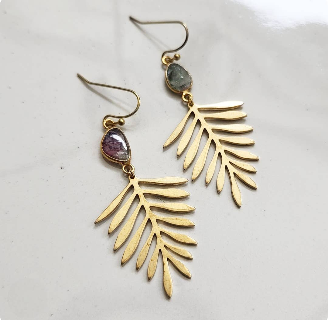 Sara Sela Jewelry - Wholesale Dangle Earrings - Brass Fern Leaf & Watermelon Tourmaline Dangle Earrings14