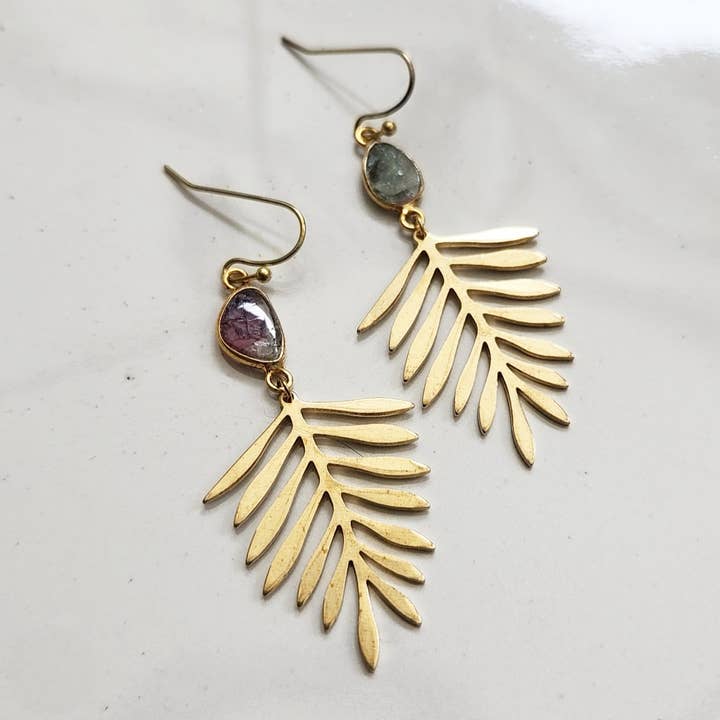 Sara Sela Jewelry - Wholesale Dangle Earrings - Brass Fern Leaf & Watermelon Tourmaline Dangle Earrings14