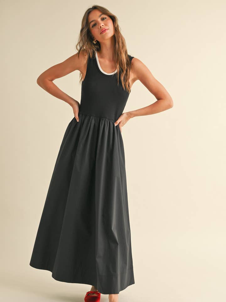 MIOU MUSE - Wholesale Dress - Women's - D4455 RIBBED TOP WOVEN SKIRT COMBO DRESS